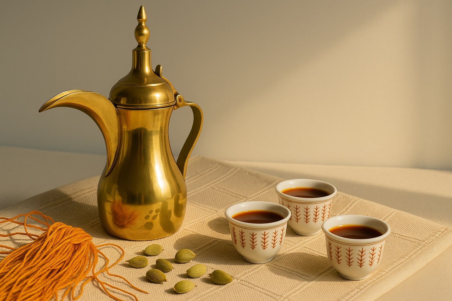 Traditional Arabic coffee set with golden dallah and cups
